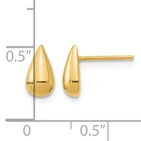 A pair of polished gold teardrop stud earrings shown next to a measurement scale indicating they are approximately 0.5 inches in length.