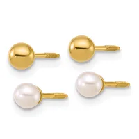 Two pairs of stud earrings with gold posts: one pair with polished gold spheres and one pair with white pearl spheres.