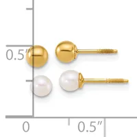 Two pairs of stud earrings with gold posts displayed on a measurement scale: one pair with polished gold spheres and one pair with white pearl spheres.
