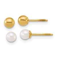 Two pairs of gold stud earrings displayed on a white background: one pair with polished gold spheres and one pair with white pearl spheres, each mounted on gold posts with threaded backs.