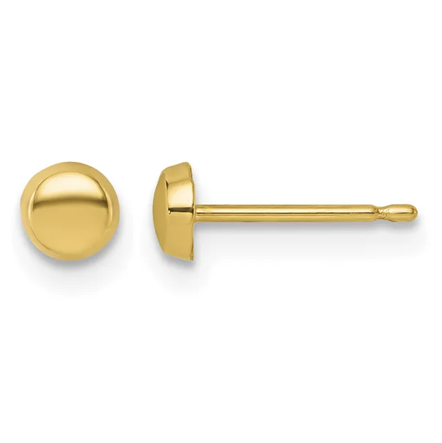 A pair of polished gold stud earrings shown from front and side views, featuring small spherical domes on posts with friction backs.