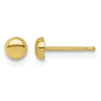 A pair of polished gold stud earrings shown from front and side views, featuring small spherical domes on posts with friction backs.