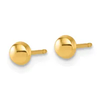 A pair of polished yellow gold ball stud earrings with posts and backs, displayed against a white background.
