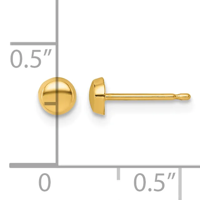 A pair of gold stud earrings with polished spherical heads measuring 0.5 inches in diameter, shown from front and side views on a measurement scale.