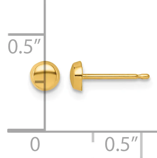 A pair of gold stud earrings with polished spherical heads measuring 0.5 inches in diameter, shown from front and side views on a measurement scale.