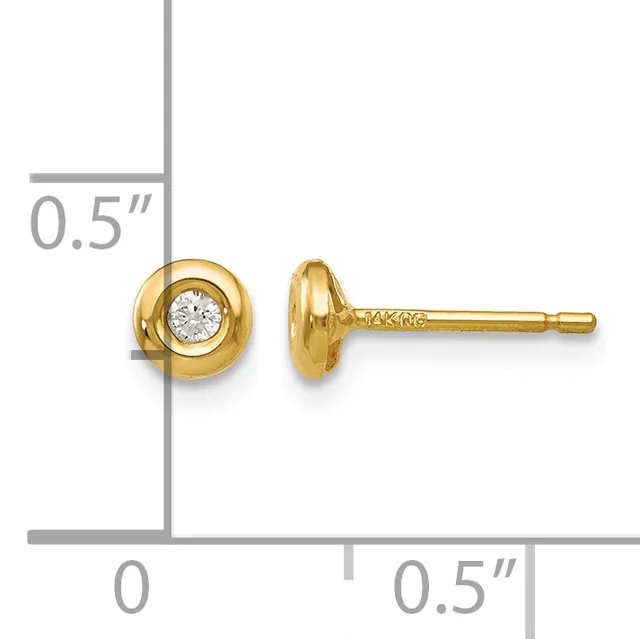 Pair of gold stud earrings with round bezels containing clear gemstones, shown front and side view with a measurement scale indicating 0.5 inches in diameter.