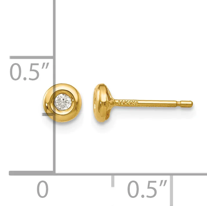 Pair of gold stud earrings with round bezels containing clear gemstones, shown front and side view with a measurement scale indicating 0.5 inches in diameter.