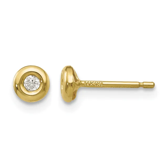 Pair of gold stud earrings with bezel-set round diamonds, shown from front and side view with post and clutch backing.