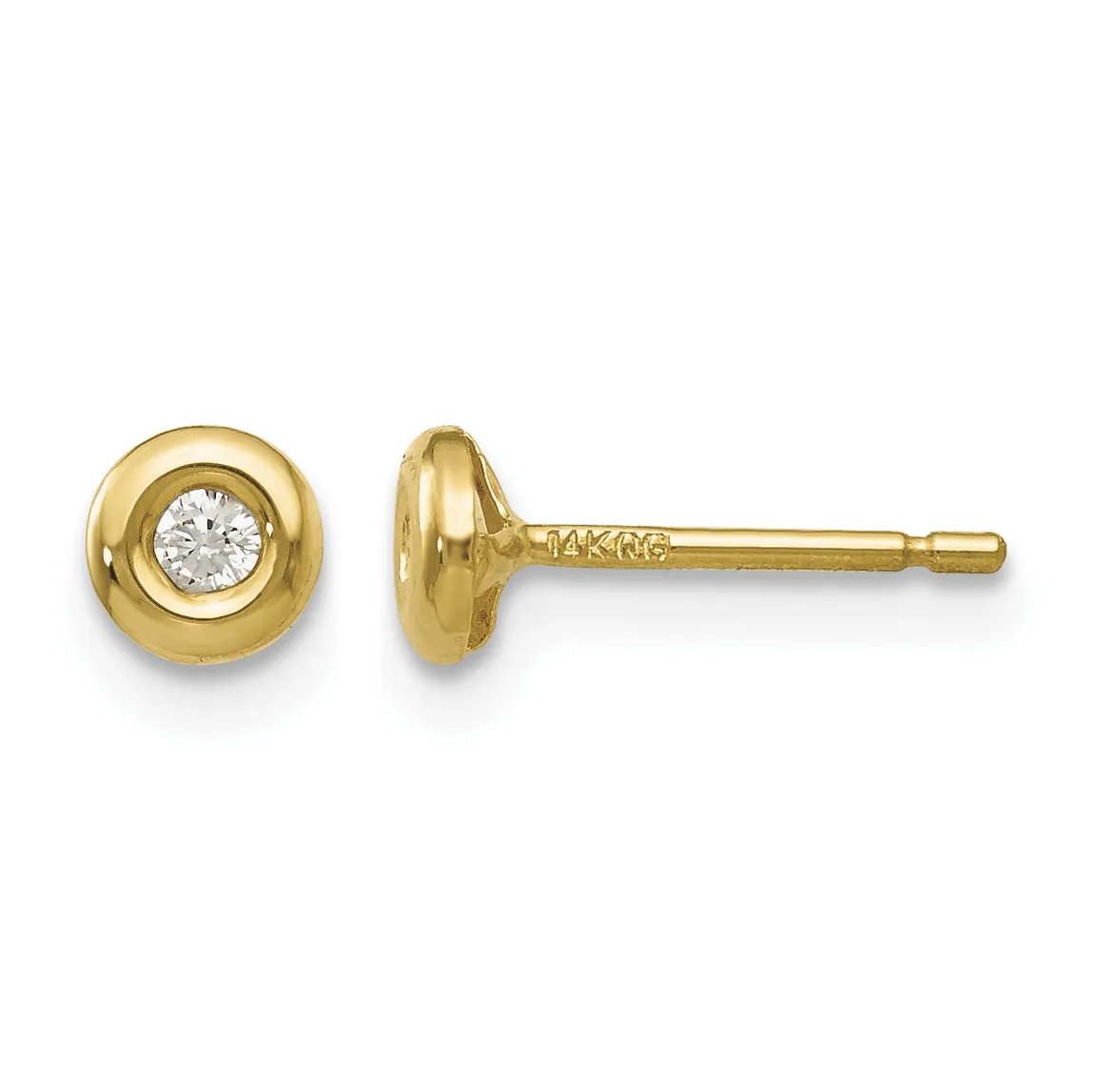 Pair of gold stud earrings with bezel-set round diamonds, shown from front and side view with post and clutch backing.