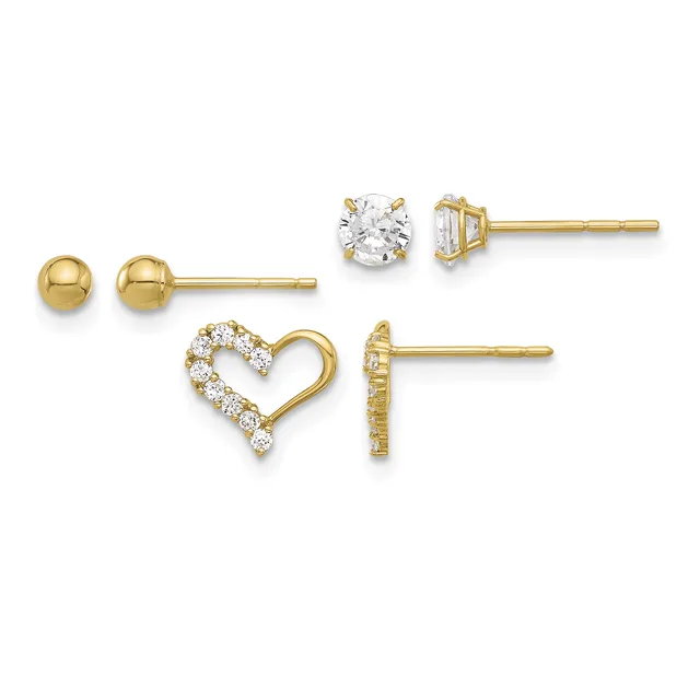 Four pairs of gold stud earrings displayed in a row: plain polished spheres, round clear gemstones in prong settings, heart outline with pave-set crystals, and a small geometric design.