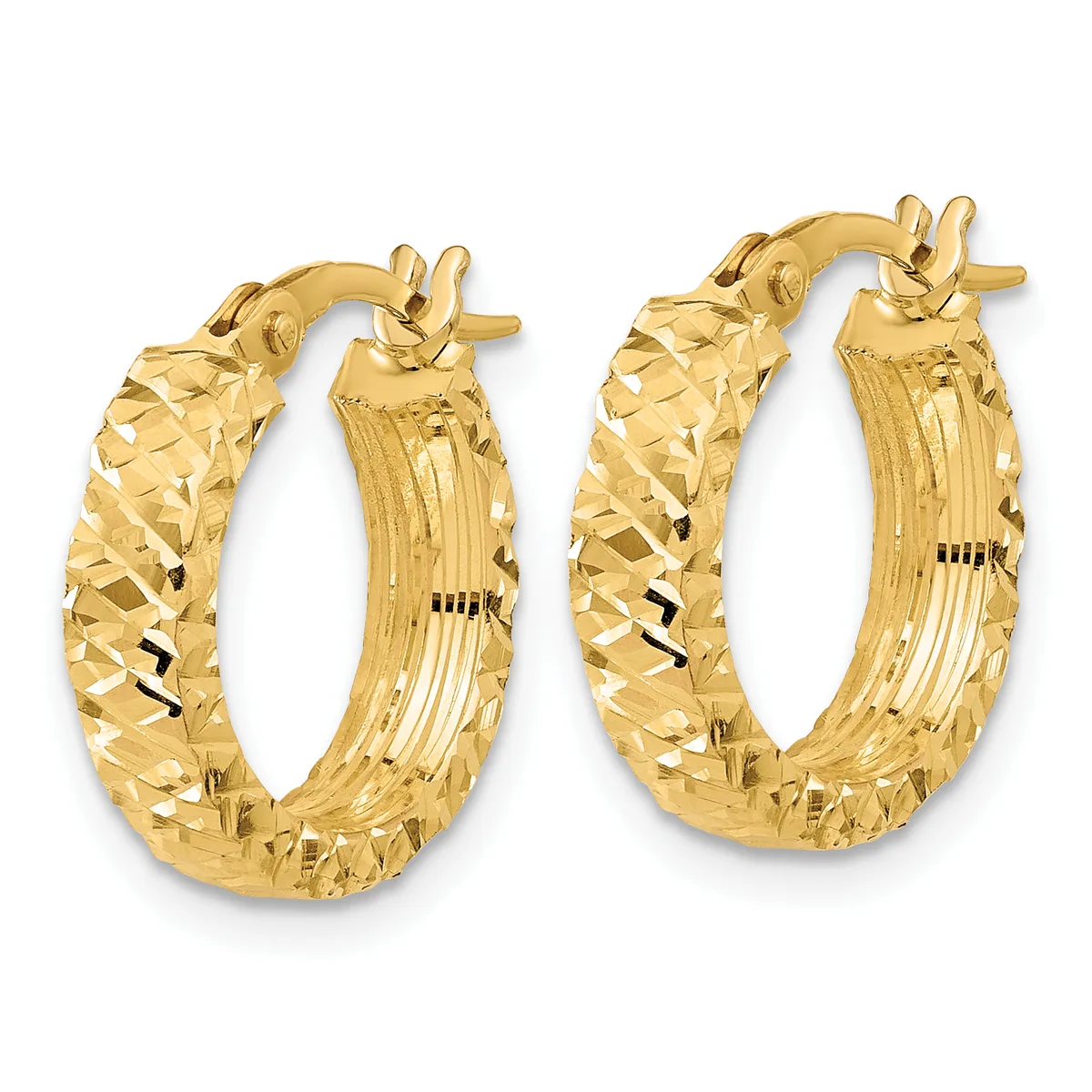 A pair of gold hoop earrings with a textured diamond-cut surface and ribbed interior, displayed against a white background.