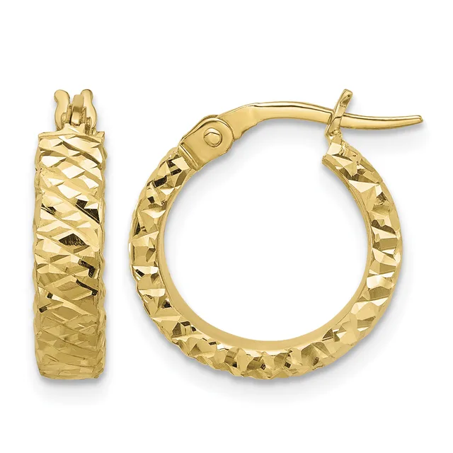 Pair of gold hoop earrings with textured diamond-cut surface and hinged posts, shown from front and side views.
