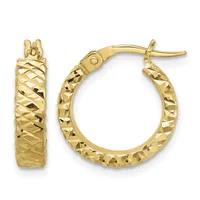 Pair of gold hoop earrings with textured diamond-cut surface and hinged posts, shown from front and side views.