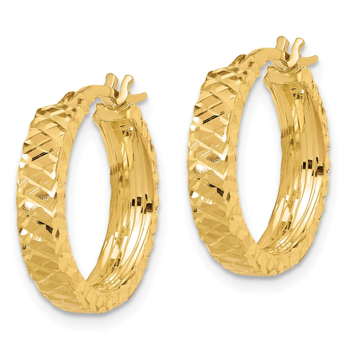 Pair of gold hoop earrings with a textured diamond-cut surface and polished grooved interior, shown from the front.
