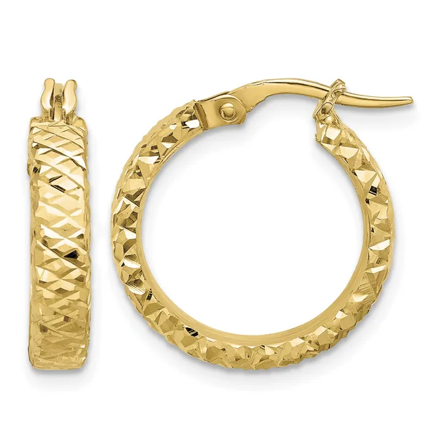 Pair of gold hoop earrings with a textured diamond-cut surface pattern, shown from front and side views with pierced post and clutch closures.
