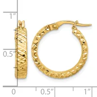 Gold textured hoop earrings with post and clutch closure, displayed against a measurement scale showing approximately one inch in length.