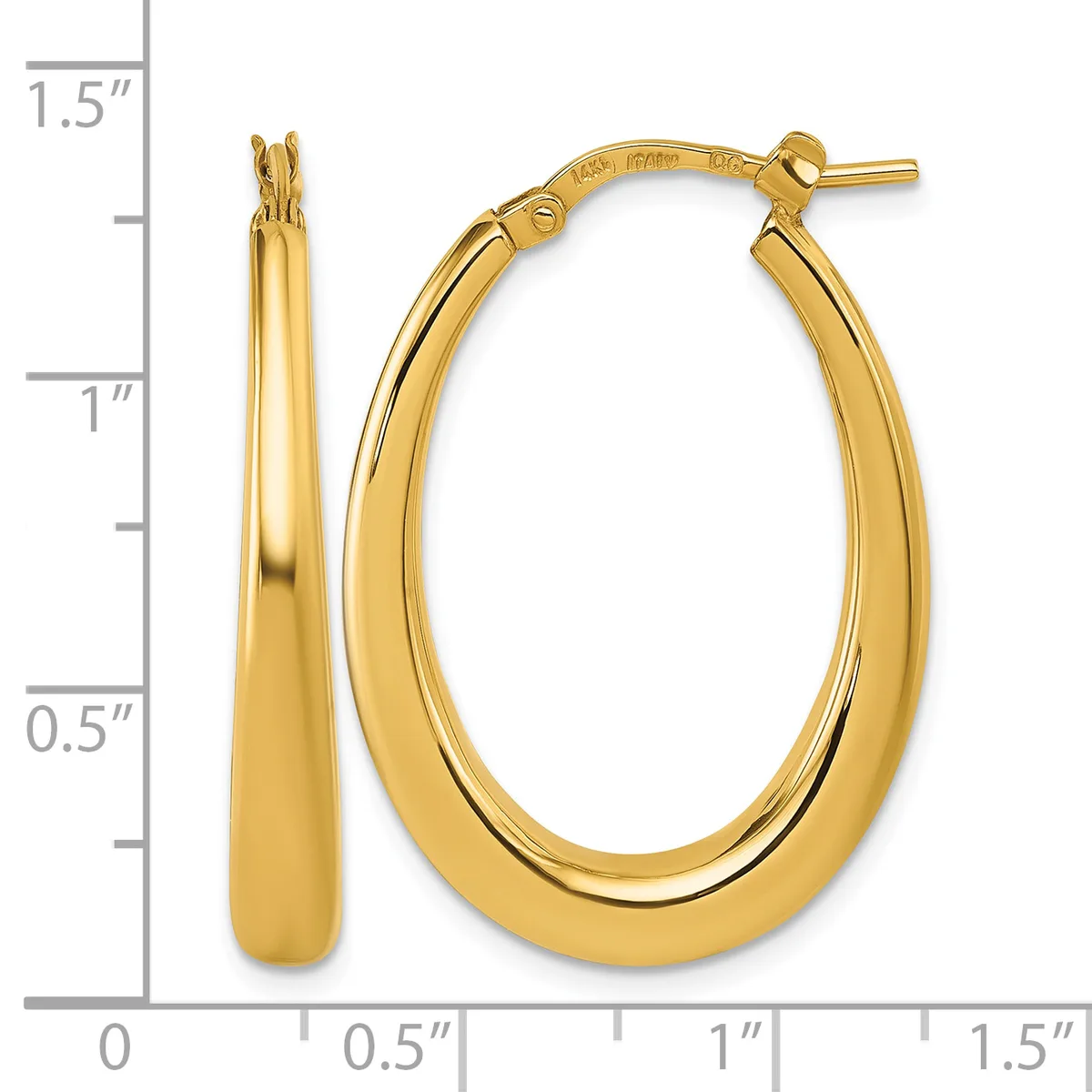 Pair of polished gold-toned oval hoop earrings with a small stamped hallmark, shown next to a ruler indicating approximately one inch in length.