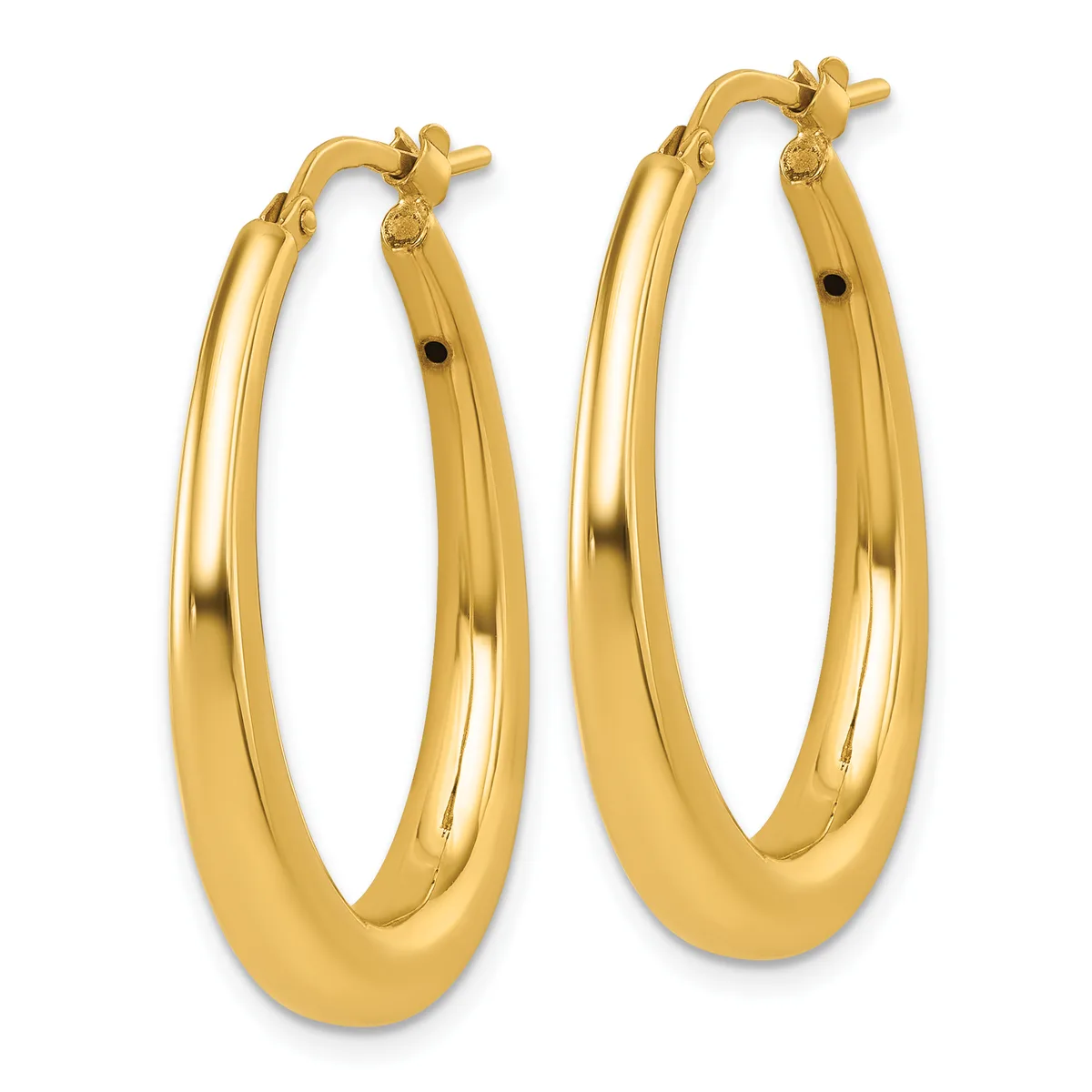 A pair of polished gold oval hoop earrings with hinged posts and small black accents, displayed against a white background.