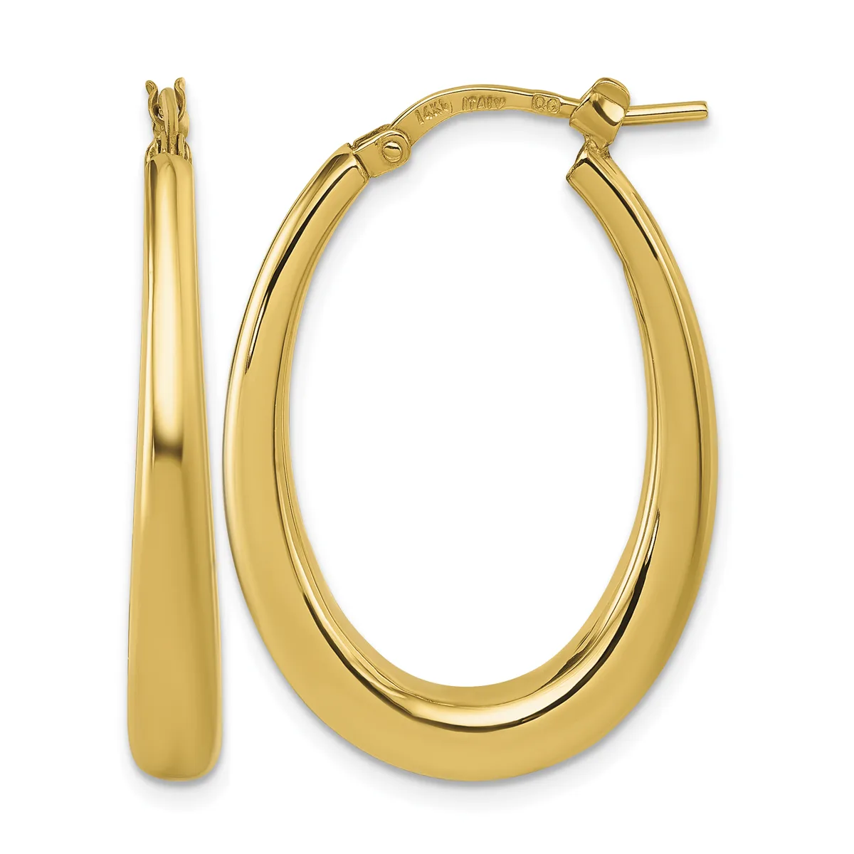A pair of polished gold oval hoop earrings with a tapered design, shown front and side view with post and clutch closures.