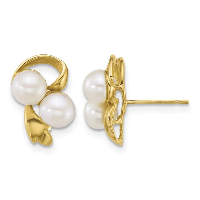 Pair of gold stud earrings with two round white pearls each, shown from front and back views with a post and clutch backing.