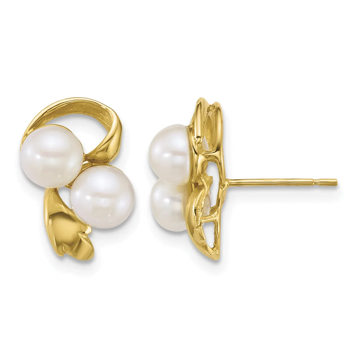 Pair of gold stud earrings with two round white pearls each, shown from front and back views with a post and clutch backing.