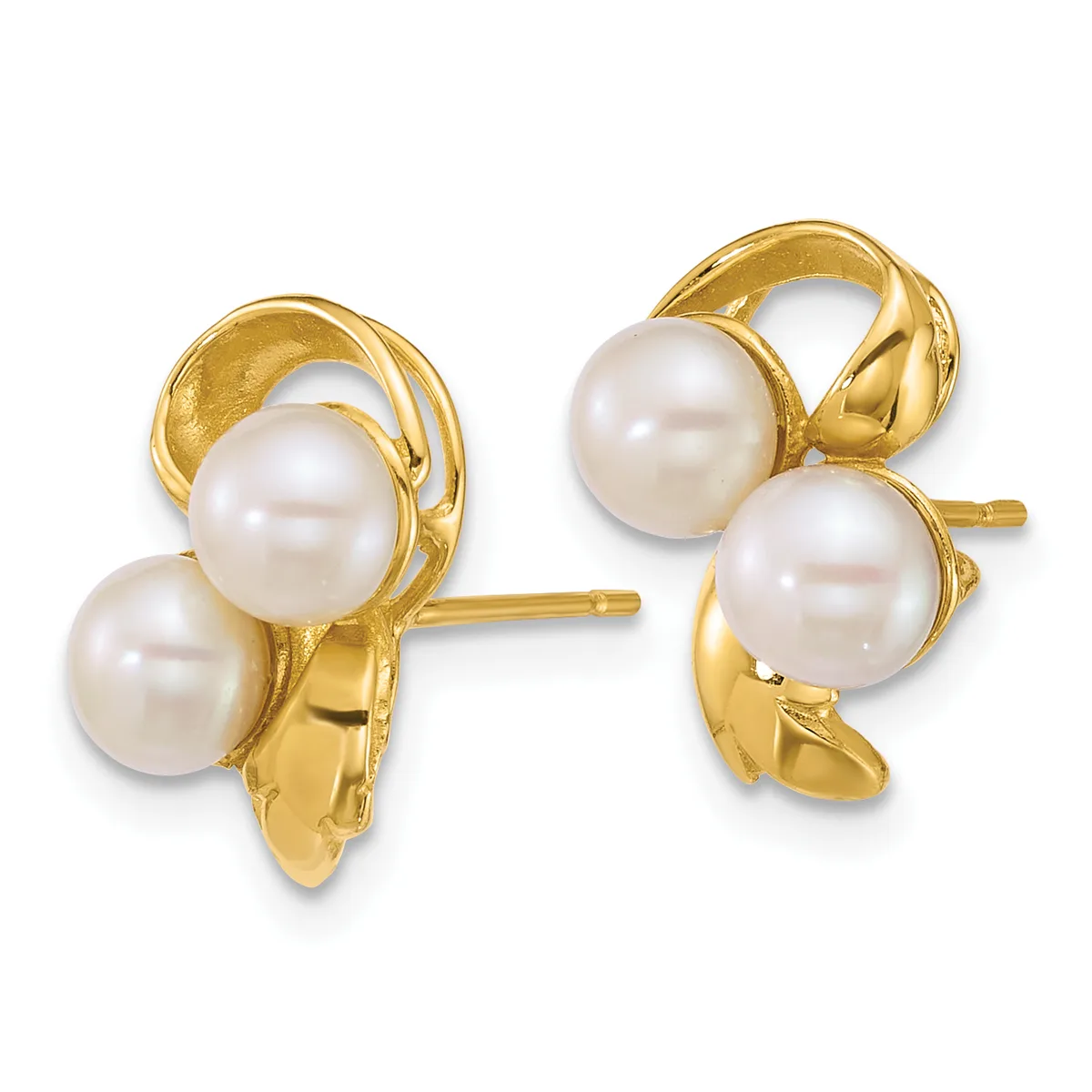 A pair of gold stud earrings, each featuring two cream-colored pearls set in curved gold loops with posts and backs visible.