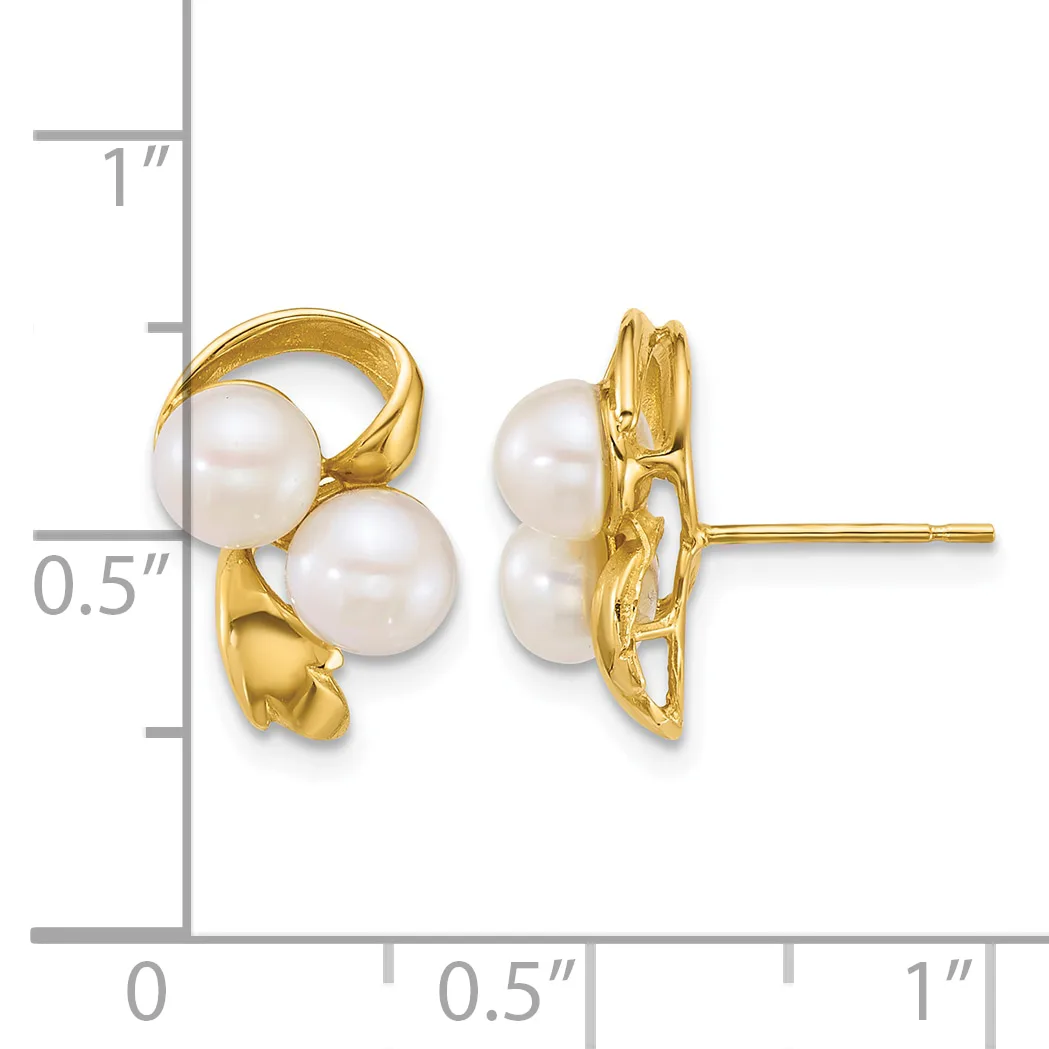 Gold stud earrings with two white pearl accents each, displayed next to a measurement ruler showing approximately half-inch height.