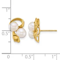 Gold stud earrings with two white pearl accents each, displayed next to a measurement ruler showing approximately half-inch height.