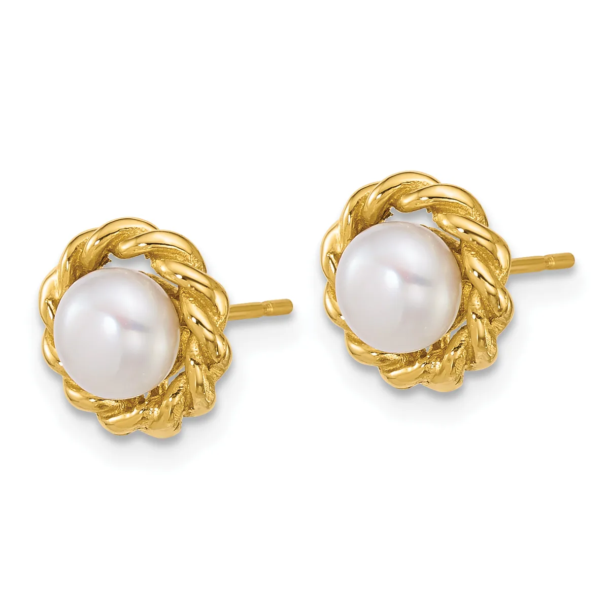 A pair of gold stud earrings with twisted rope-textured bezels surrounding white pearl centers, shown from the front.