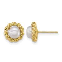 A pair of gold stud earrings with twisted rope-textured bezels surrounding white pearl centers, shown from front and side views.