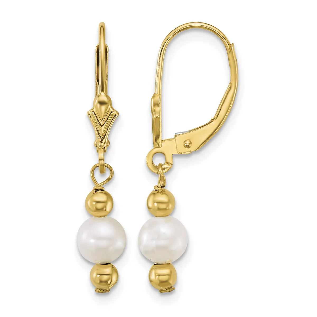 Pair of gold lever-back earrings with white pearl drops and gold bead spacers, shown from front and side views.