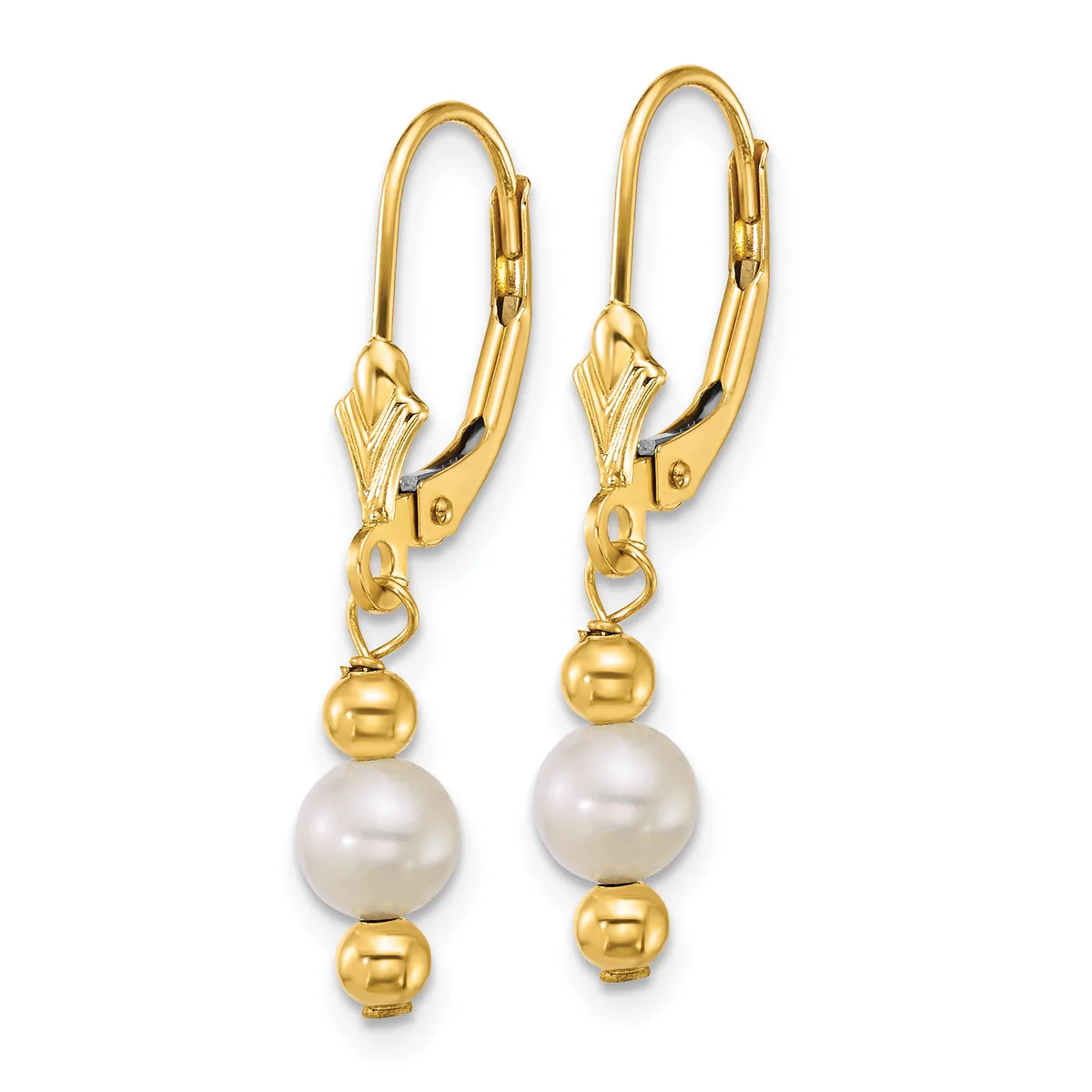 Pair of gold lever-back earrings with white pearl drops and small gold bead accents, shown against a white background.
