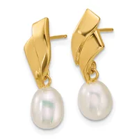 Pair of gold-toned drop earrings with twisted metal tops and white pearl pendants, shown from the front against a white background.