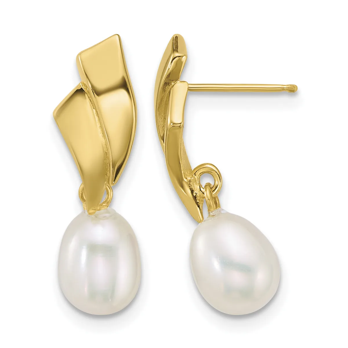 A pair of gold drop earrings with polished rectangular tops and white pearl pendants, shown from front and side views.