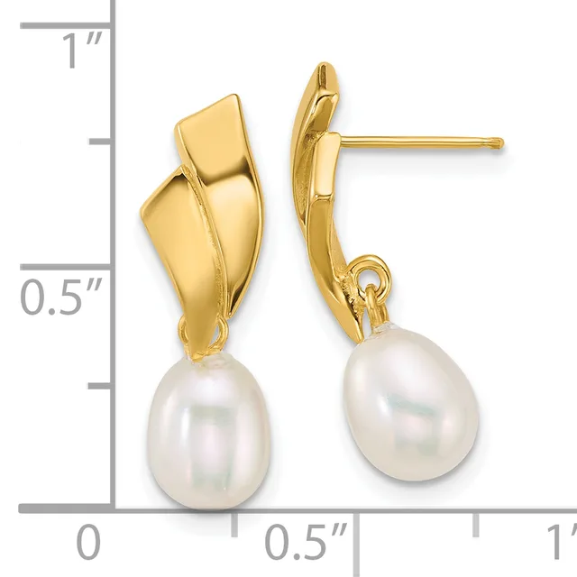 Pair of gold-colored drop earrings with polished rectangular tops and white pearl drops, shown next to a ruler indicating approximately one inch in length.