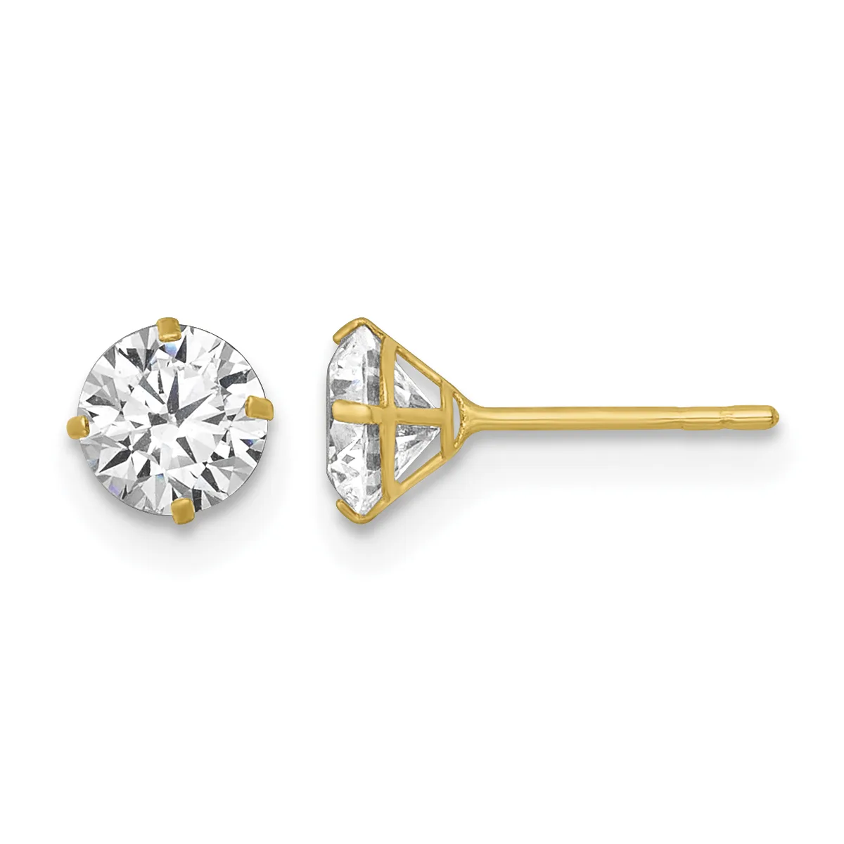 A pair of gold stud earrings with round diamond solitaires in four-prong settings, shown from front and side views.