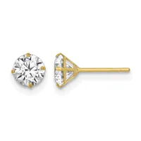 A pair of gold stud earrings with round diamond solitaires in four-prong settings, shown from front and side views.