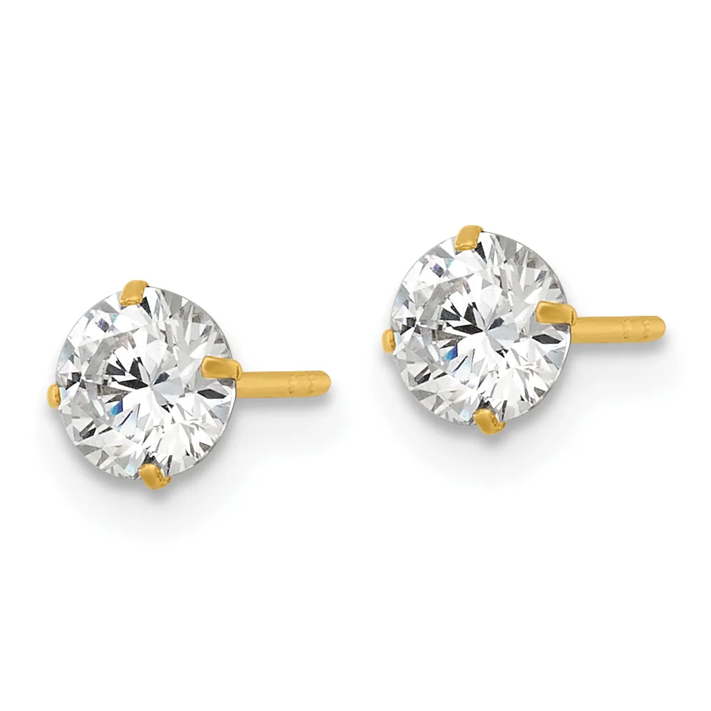 A pair of round diamond stud earrings set in yellow gold with four-prong settings and yellow gold posts.
