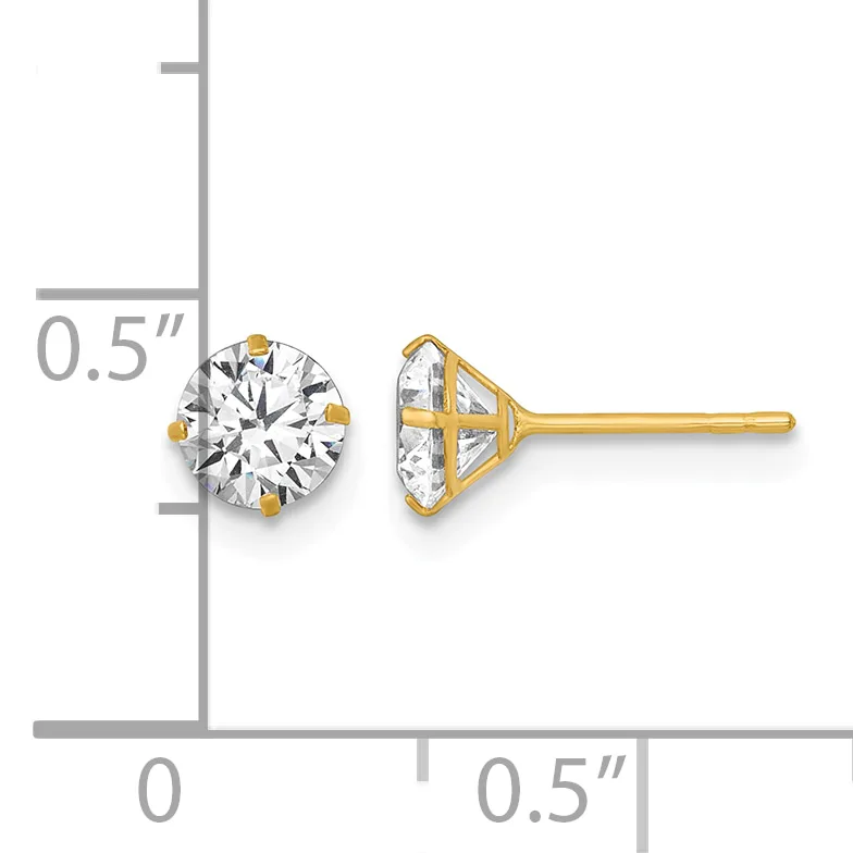 Pair of round diamond stud earrings in yellow gold shown next to a ruler indicating approximately 0.5 inches in diameter.