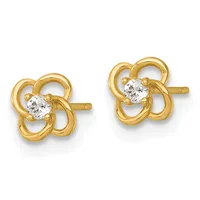 A pair of gold stud earrings featuring interlocking looped designs with round clear gemstones set in the center of each earring.