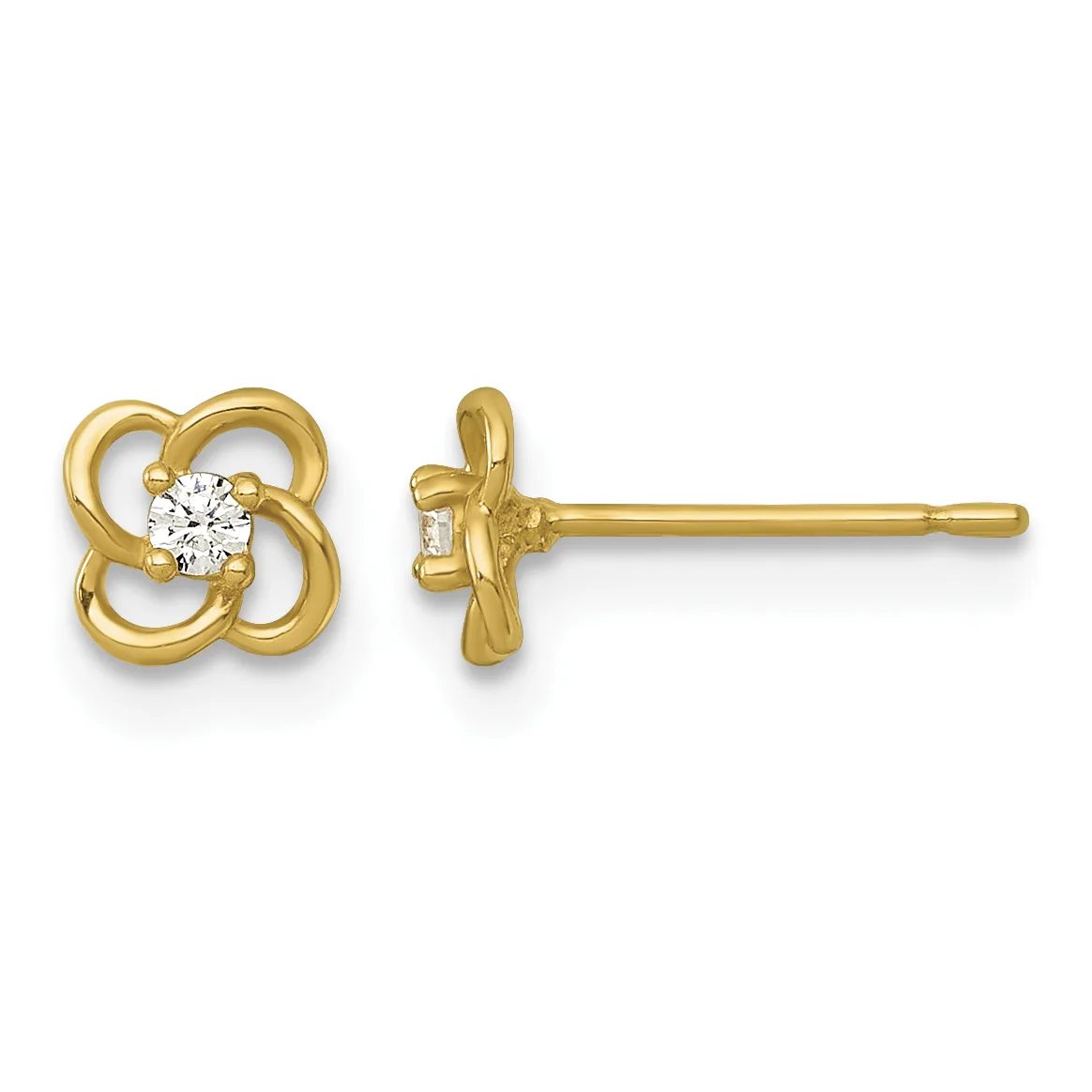 Pair of gold stud earrings with four-lobed clover design featuring round diamond centers, shown from front and side views.