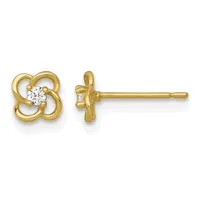 Pair of gold stud earrings with four-lobed clover design featuring round diamond centers, shown from front and side views.