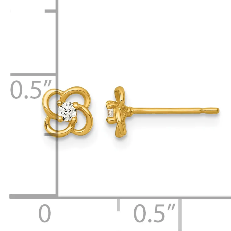 Pair of gold stud earrings featuring a four-lobed clover design with round white stones, shown front and side view with a measurement scale indicating approximately 0.5 inches in size.
