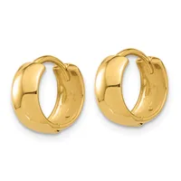 A pair of polished gold hoop earrings with a chunky, curved rectangular profile and hinged closures, shown from the front against a white background.