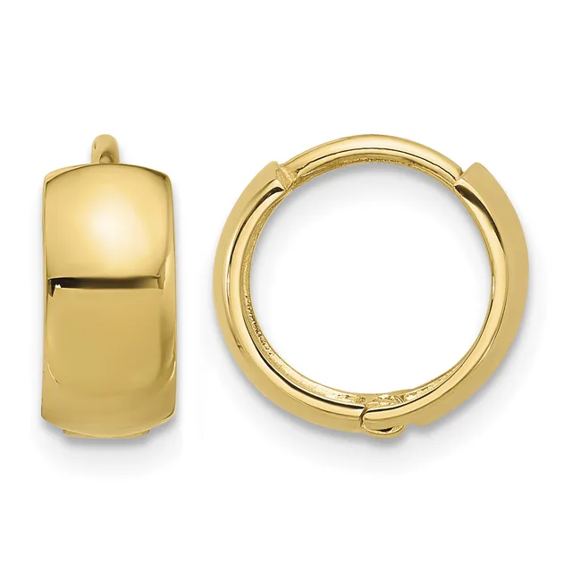 Pair of polished gold huggie hoop earrings shown from front and side views against a white background.