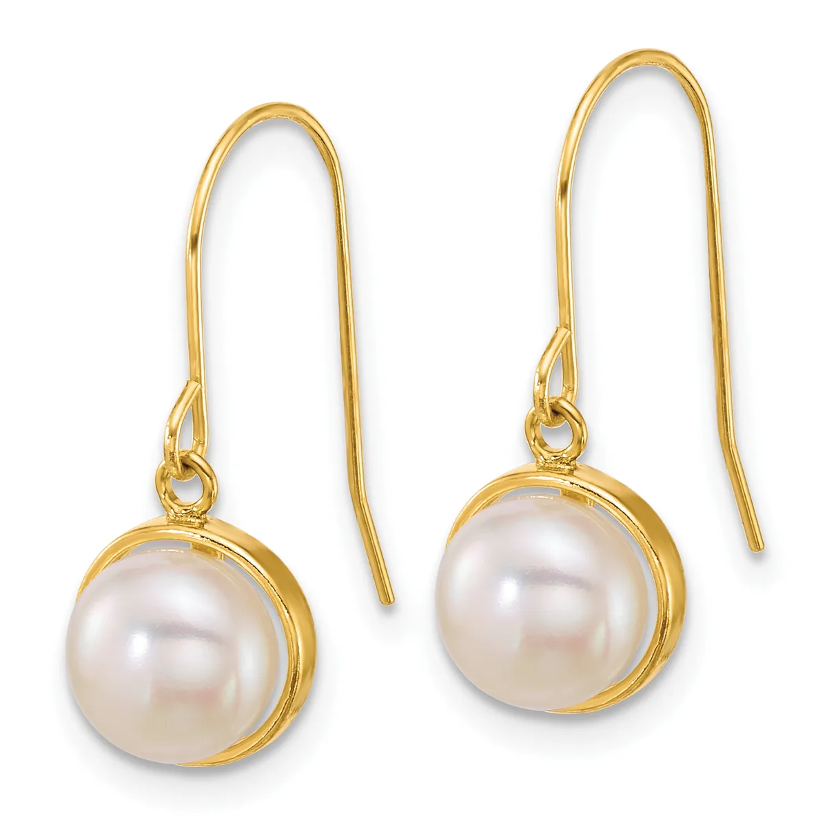 A pair of gold drop earrings with long curved wires, each suspending a round white pearl in a bezel setting.