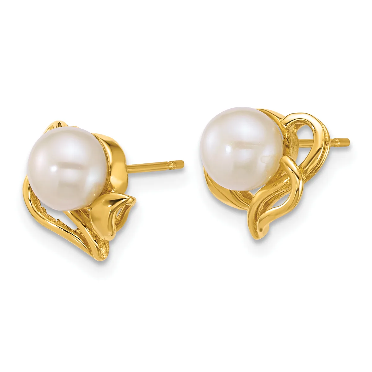 Pair of gold stud earrings featuring round white pearls set in decorative gold mountings with curved scrollwork details.