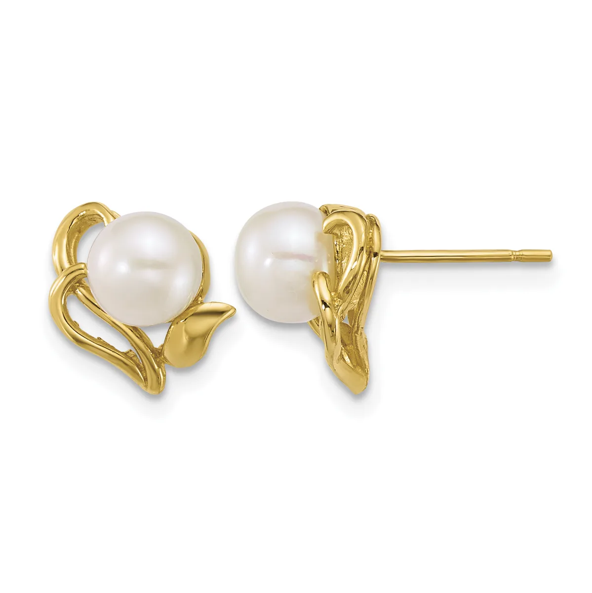 Pair of gold stud earrings with white pearl centers held within curved gold settings, shown from the front view.