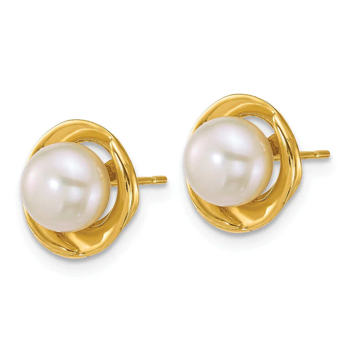 A pair of gold stud earrings with white pearl centers set in curved gold bezels, displayed on a white background.