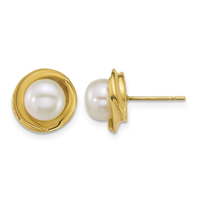 Pair of gold stud earrings with white pearl centers set in textured gold bezels, shown front and side view.